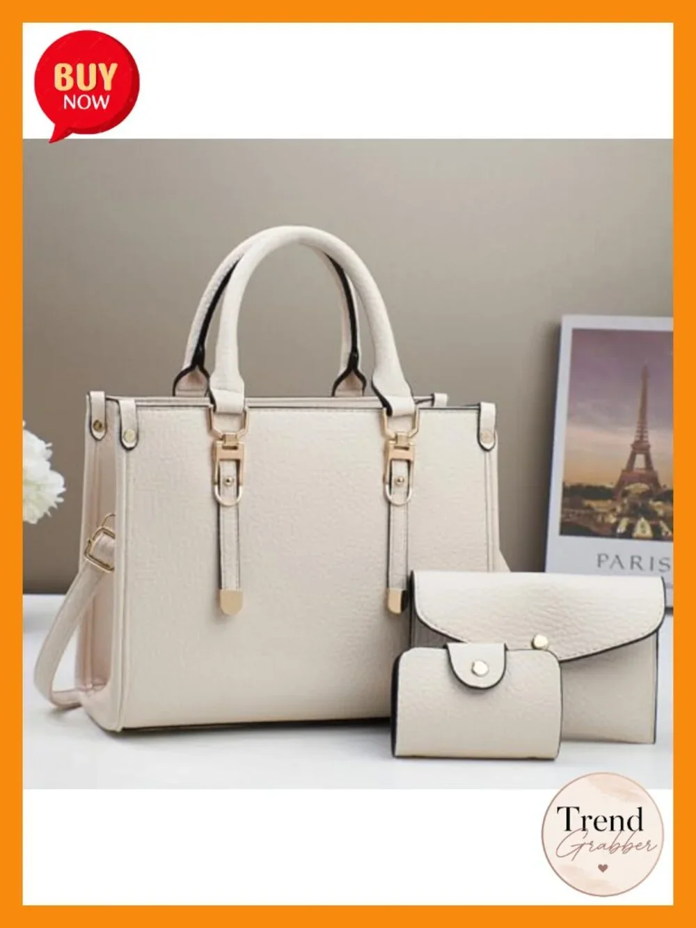 3-Piece PU Leather Top-Handle Handbag Set with Clutch & Shoulder Bags Tote